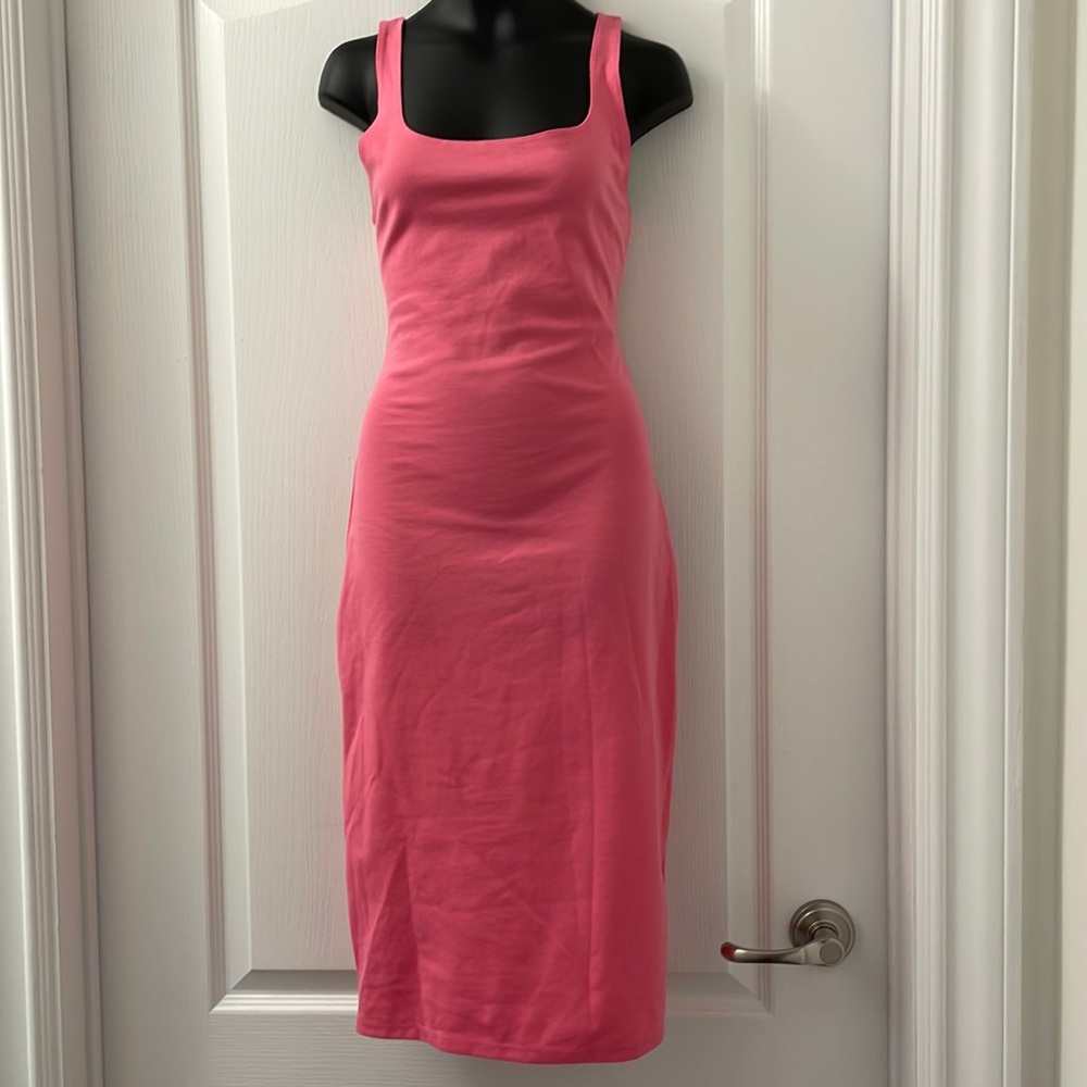 Zara body shape pink midi dress square neck back stitching with 7” dart Sz M